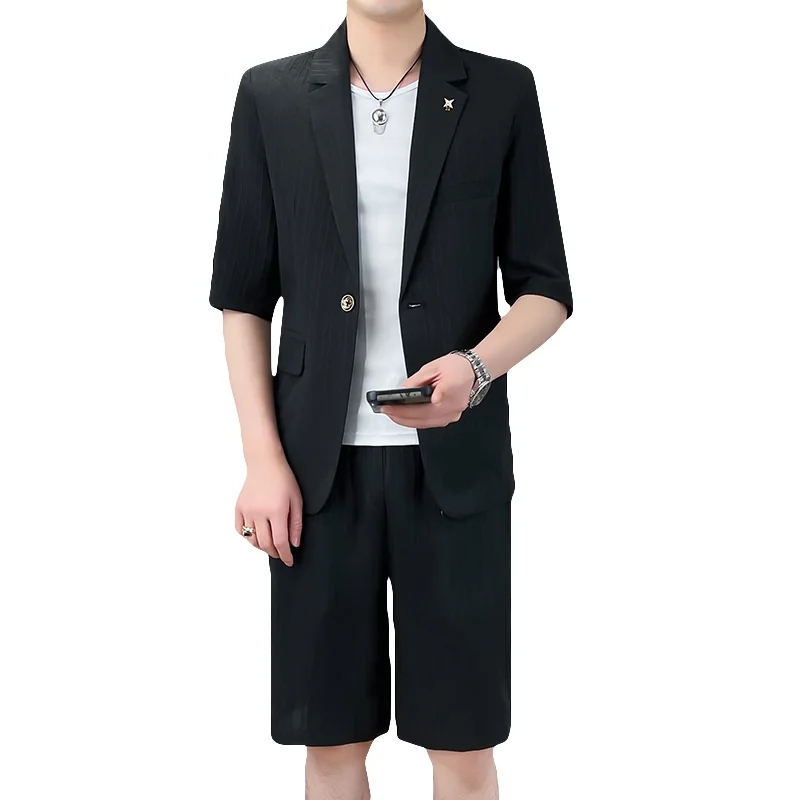 Summer Men\'s Blazer & Shorts Set Elegant Plain Lapel Solid color Short Sleeve Blazer & Shorts 2Pcs Suit