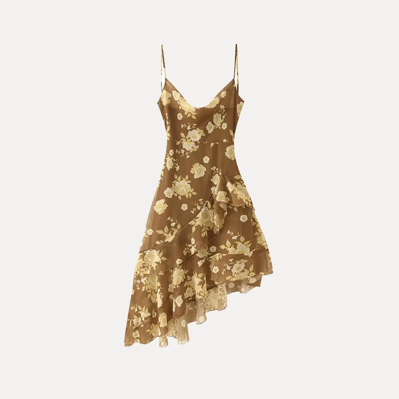 Z 2025 Spring Faion طبقة مزدوجة كشكش هيم شيفون سوينغ Ne Strapl Dr Ele Sle المرأة قسط Dr