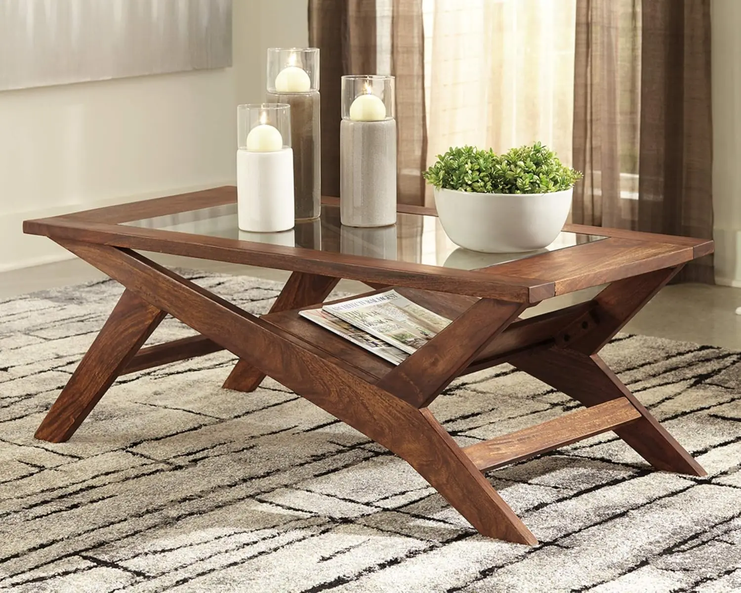 Design by Ashley Charzine Contemporary Rectangular Coffee Table with Clear Tempered Glass Top, Brown