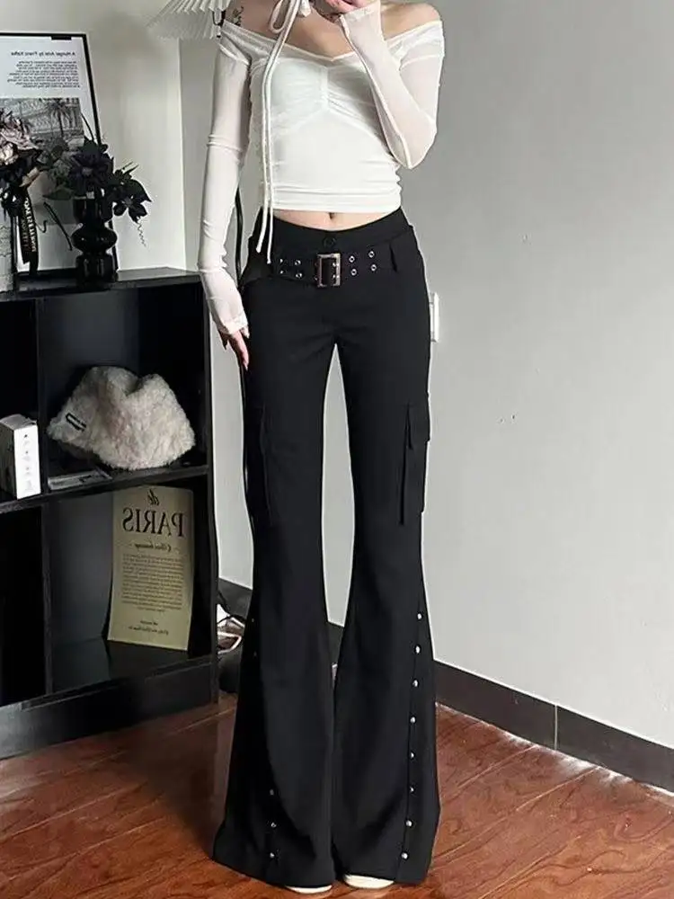 American Retro Flare Jeans Low Waist E-girl Slim Bandage Bottoms Women Fashion Black Cotton Denim Pant Trousers Y2K High Street