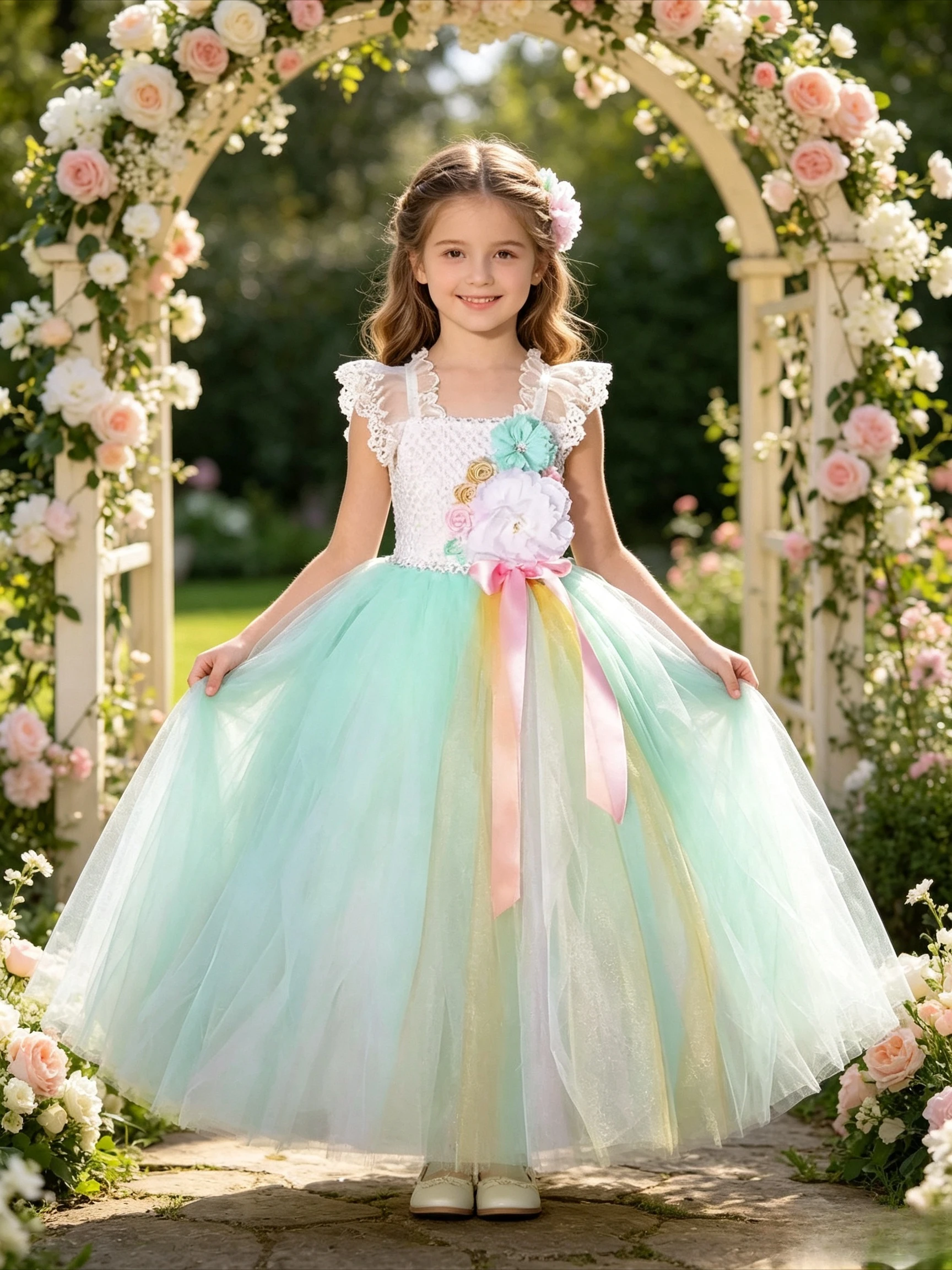 Mint Green Floral Long Tutu Dress for Girls Princess Ball Gown Lace Shoulder Straps Outfit Wedding Elegant Layered Tulle Wear