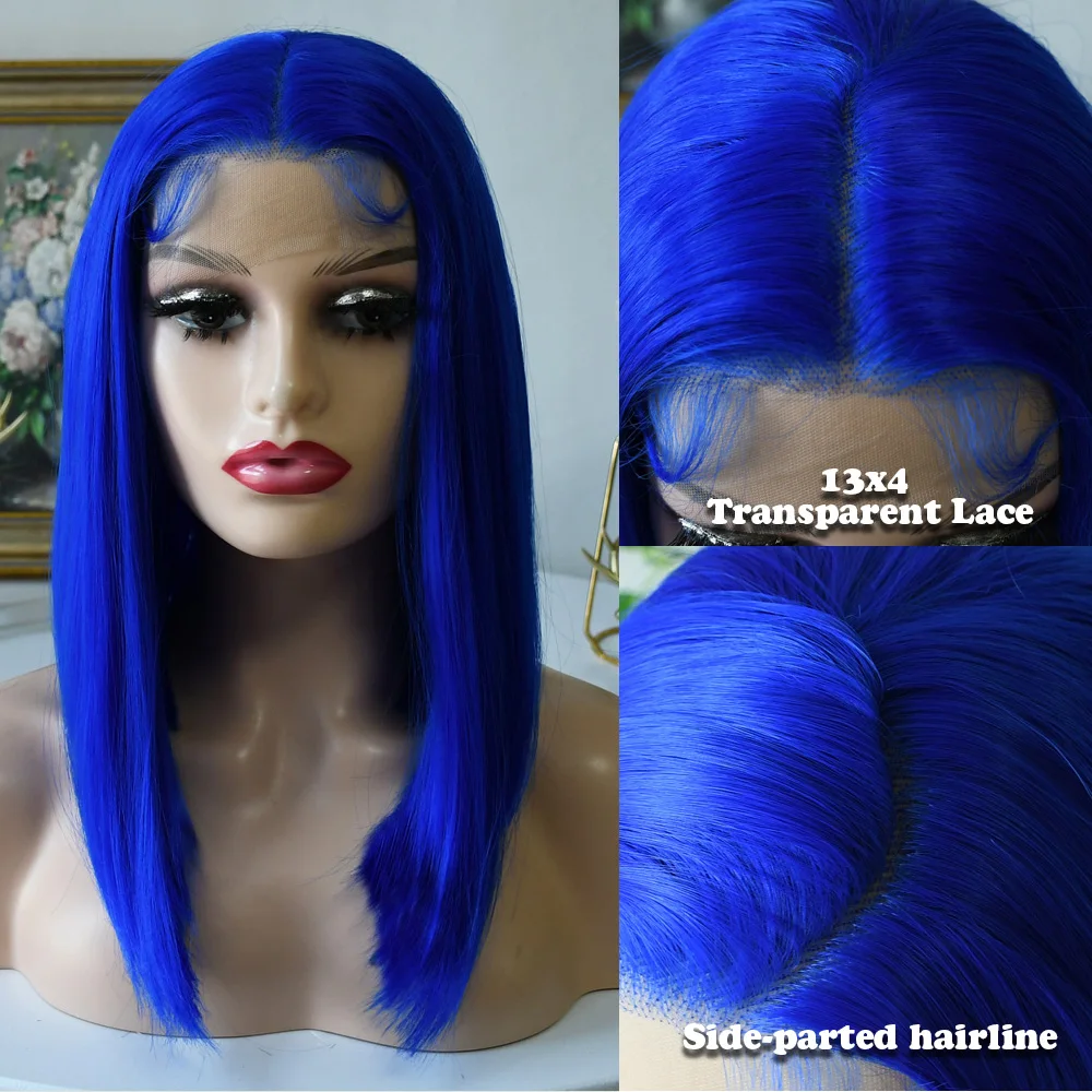 ブルーウィッグ レースフロントウィッグ 13x4 ショートレースフロントウィッグ ブルーボブウィッグ 生え際ナチュラル ベビーヘア付き 合成ウィッグ
