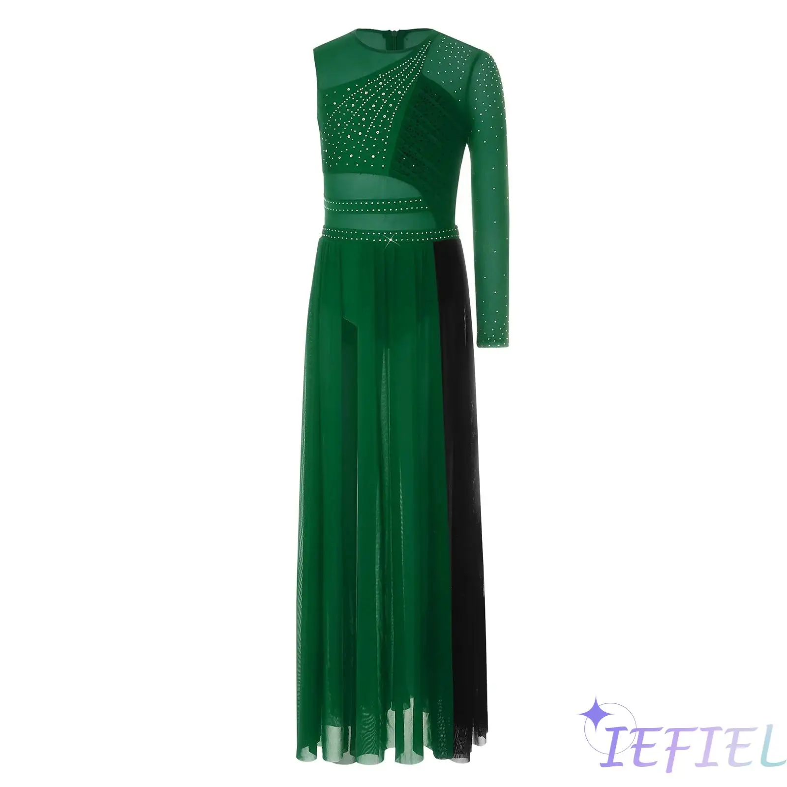 

Kids Girls Modern Lyrical Dancewear Sparkly Rhinestones Back Zipper Color Block Patchwork Side Split Ballet Dance Leotard Dress