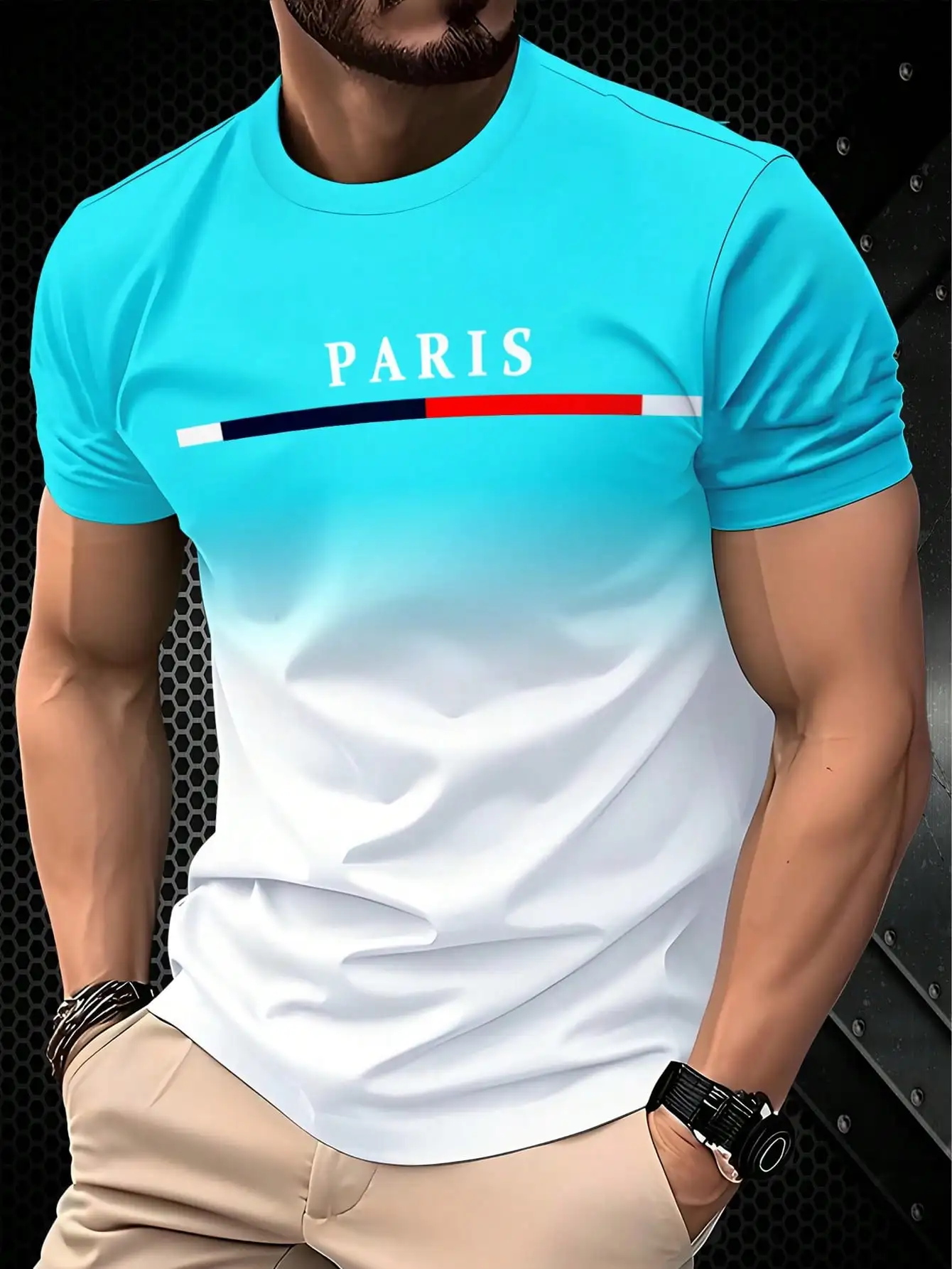 

Men's Short Sleeve Ombre Tee with Graphic Stripe Design, 100% Polyester