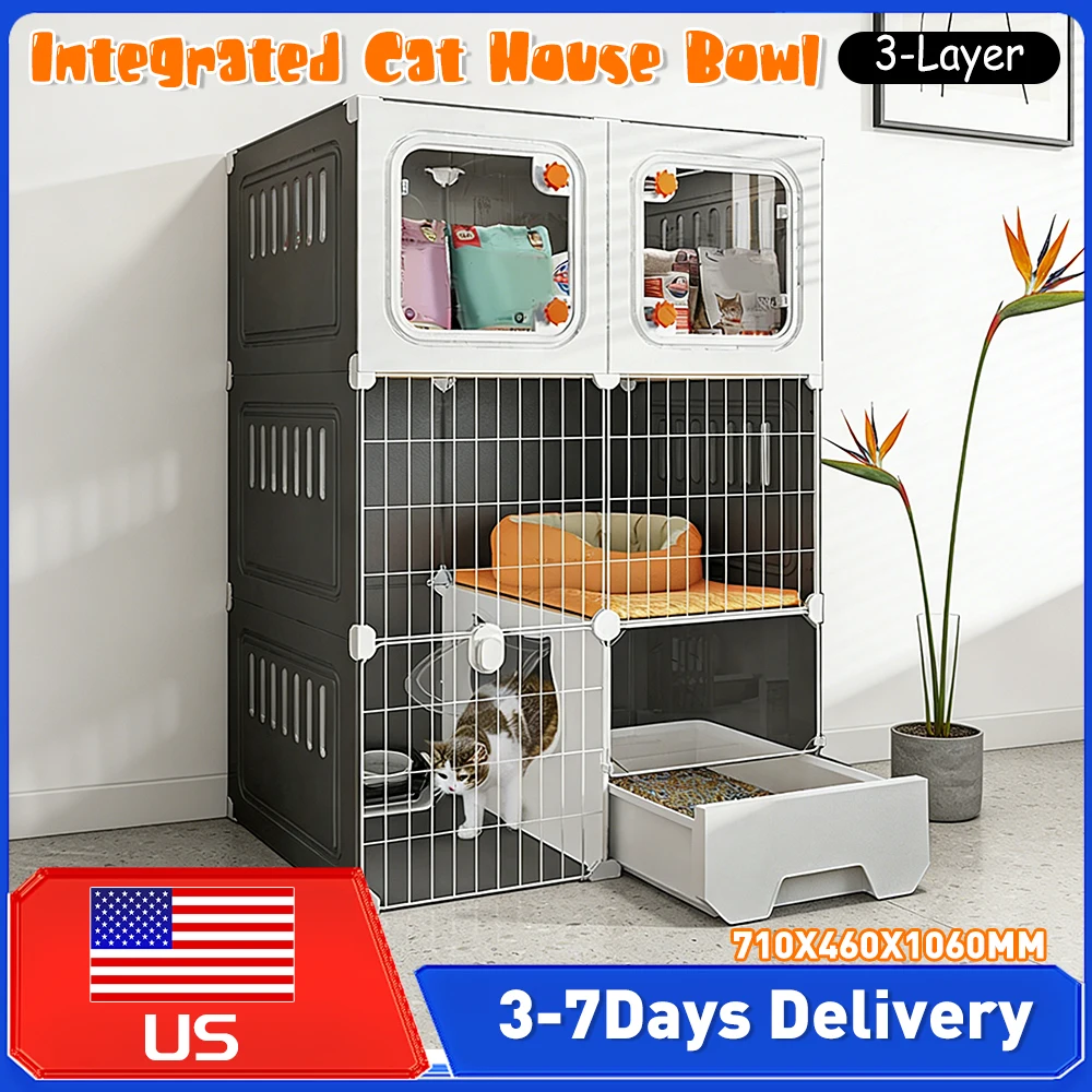 

Integrated Cat Villa DIYMetal Wire Cat Kennel Cat House with Cat Bed Hammock Litter Box Catio Cat Crate Scratcher for Indoor Cat