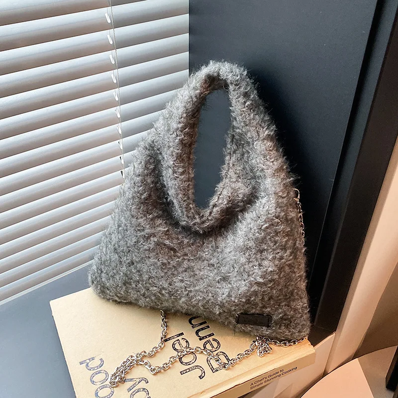 

Women's Khaki and Gray Fuzzy Triangle Underarm Bag - Trendy Chain Strap Shoulder Bag for Autumn & Winter Casual Stylish Looks