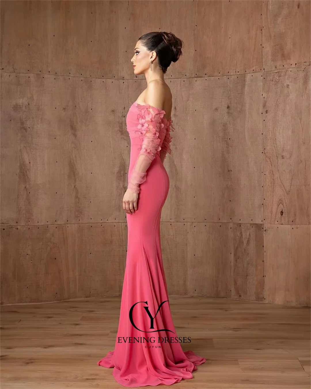 Cuyun personalizado sereia rosa vestido de noite 2026 mangas compridas 3d flores feminino vestido de festa de casamento elegante formal longo vestido de baile