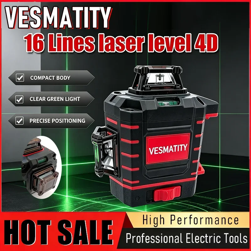 2026 new 4 sides 360 degree vertical green beam laser level self leveling 16 lines cross line tool with battery