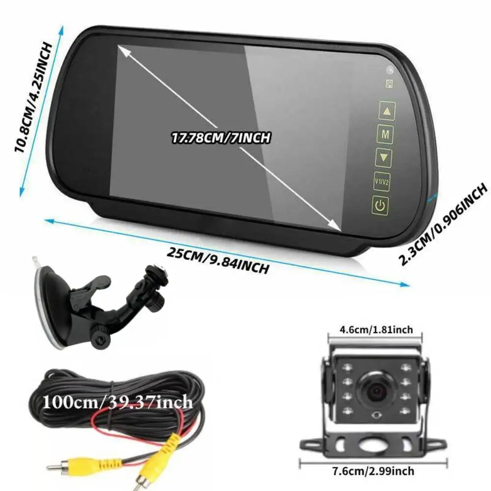 7inch Clip- On & Stick- On Installation Mirror Monitor+Heavy Duty 8LED Backup Camera Set Parking Assistant Vehicle Night Vision