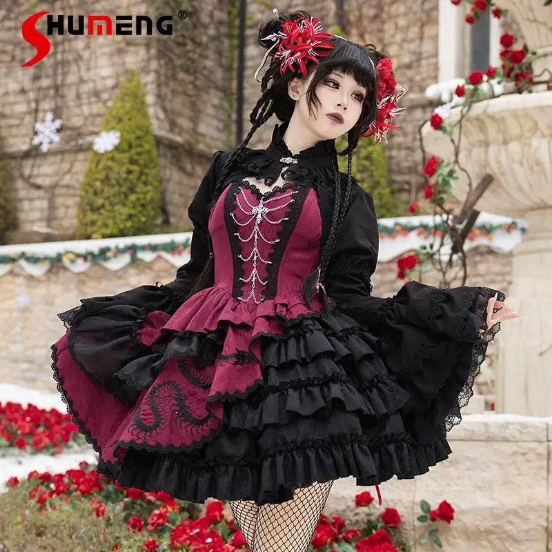 

Original Chinese Style Gothic Dark Cos Dress Jsk 2025 New Woman's High Waist Slim Princess Dress Long Sleeve Short Cardigan Suit