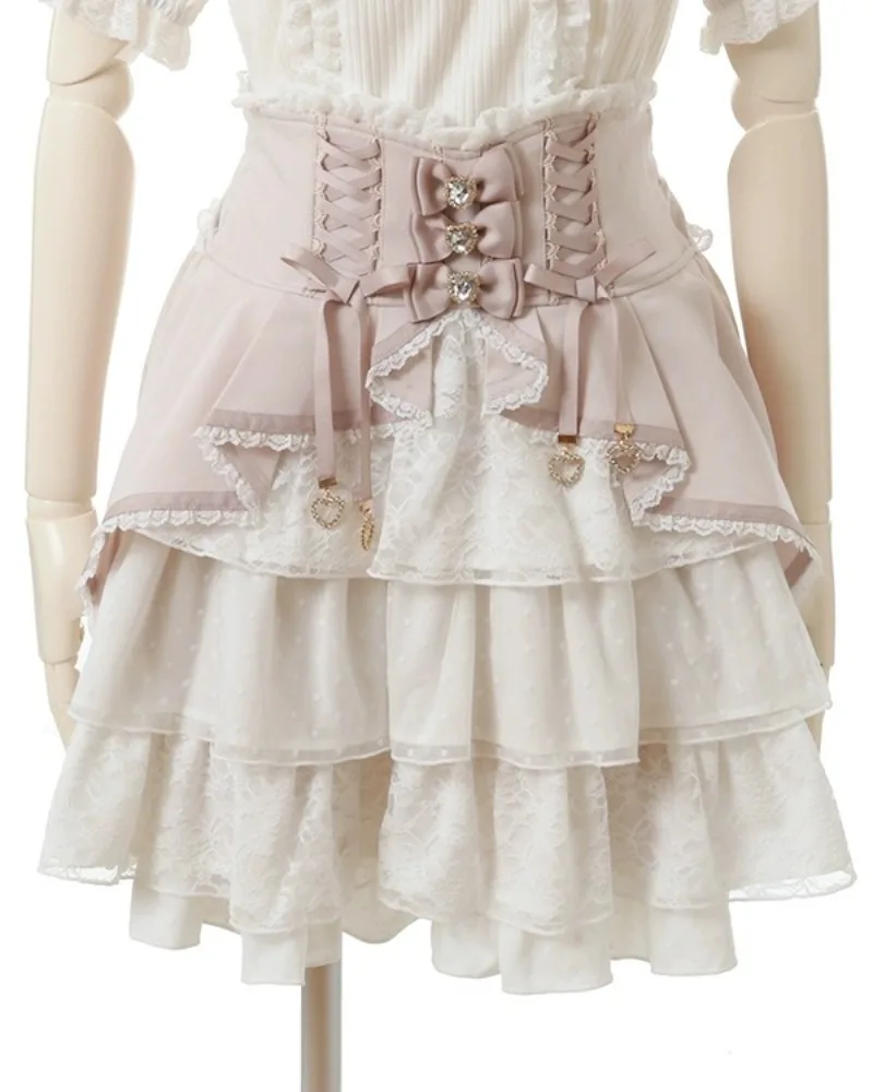 

Lace Up A-line Lovely Ruched Faldas Japanese High Waist Bodycon Cake Panelled Patchwork Skirt Preppy Style Mesh Simple Skirts