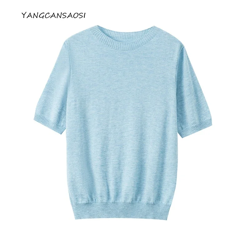 

Autumn Clothing Gold Round Neck Short Sleeved Knitted Sweater Women Versatile 26% Wool Soft Skin-friendly Bottoming Sweater