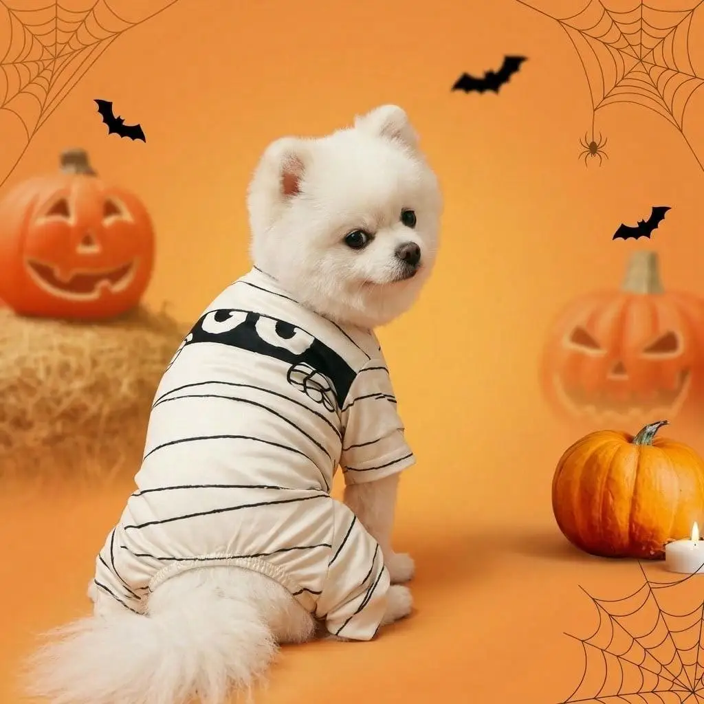Halloween Mumien-Bandage Gestreifter Hunde-Vierbeiner-Overall mit Spähenden Mumienaugen und Handabdruck Haustier-Pyjama-Outfit für Kleine und Mittelgroße Hunde und Katzen – Detail 2