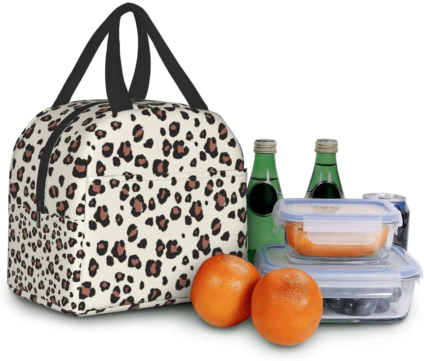 Beige with Leopard Lunch Bag Reusable Lunch Box Waterproof Thermal Tote Bag Lunch Container Cute Cooler Bag for Women Men