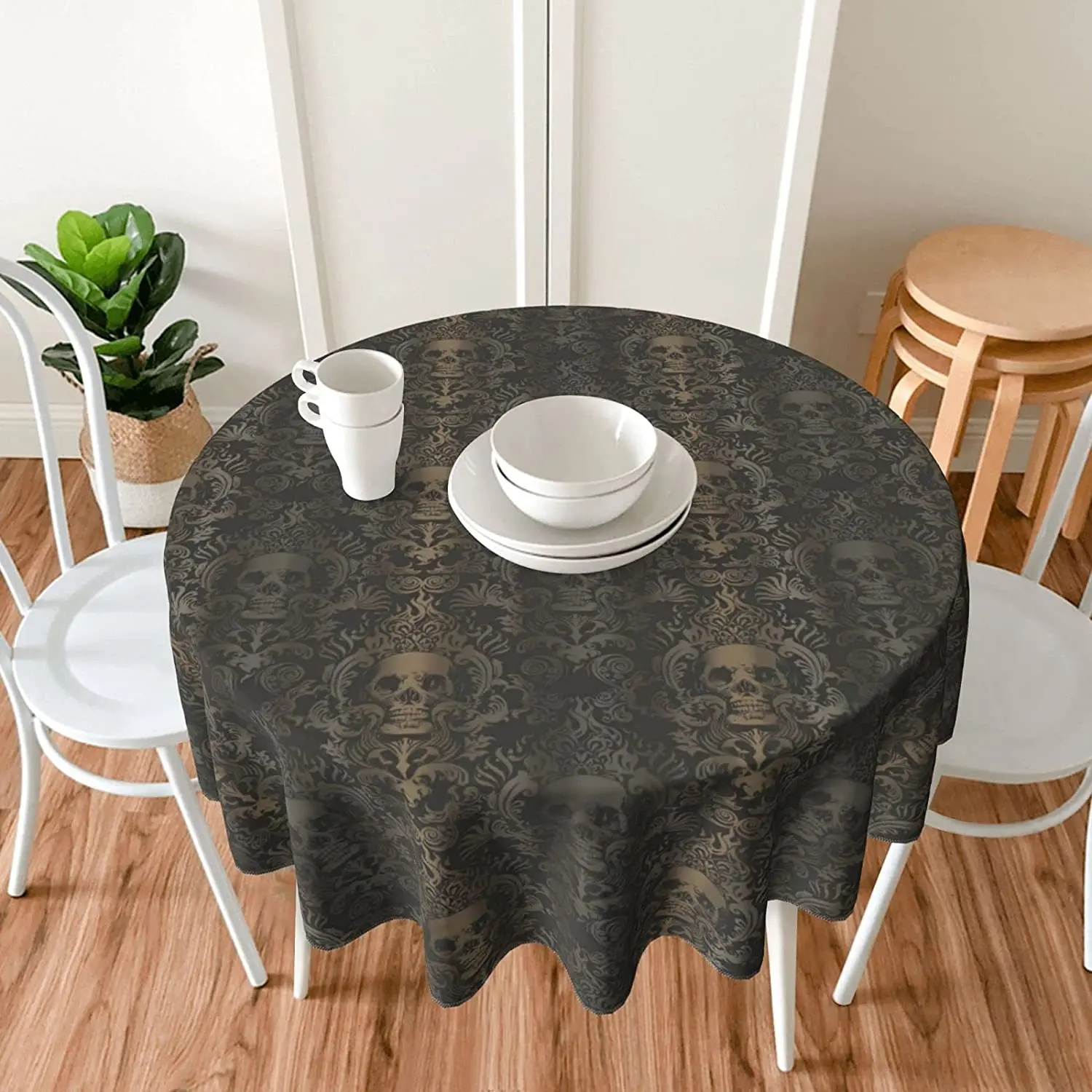 Halloween Gothic Skull Round Tablecloth Washable Polyester Table Cloth Water Resistant Spill Proof Table Cover Mat for Dining