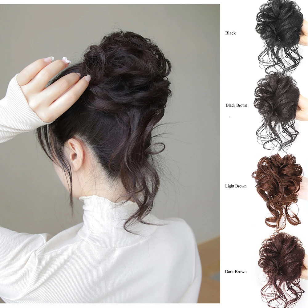 WIGSIN Women Synthetic Hair Bun Chignon Messy Curly Elastic Hair Band Scrunchy False Hairpieces Black Brown Wigs