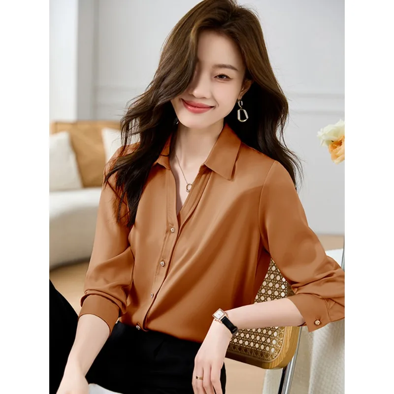 Women's Graceful Solid Spring Autumn Satin Shirts Office Lady Fashion Long Sleeve Polo Blouse 2024 Falls New Work Tops Female