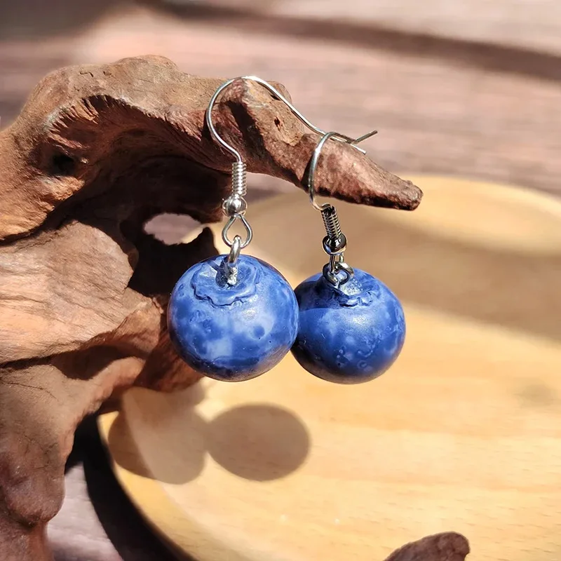 1 Pair Fashion Resin 3D Blueberry Fruit Earrings For Women Friend Gift Cute Funny Simulation Food Pendant Eardrops Jewelry