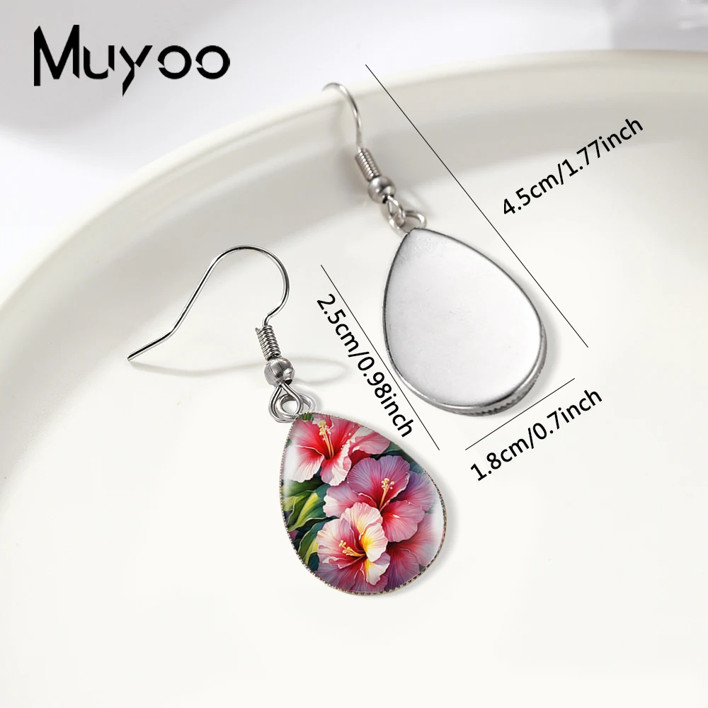 2025 New Hibiscus Flowers Tear drop Earring Fish hook Earring Glass Dome Jewelry Handmade Earrings