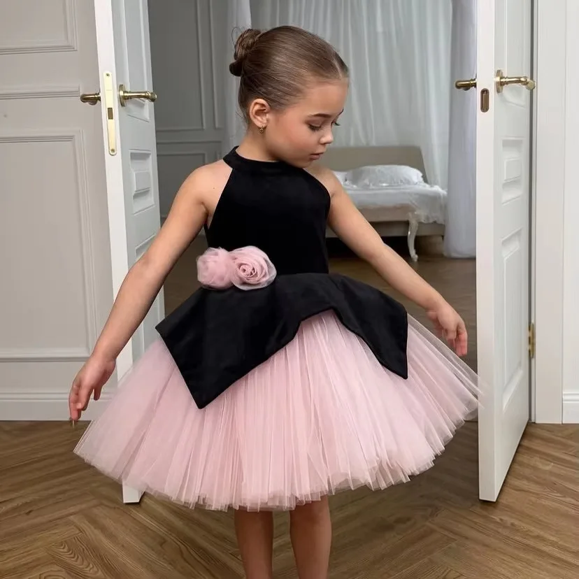 Custom Halter Neck Velvet 3D Floral Tulle Tutu Luxury Dress Women Wedding Guest Gown Kids Birthday Party Outfit for Pageant
