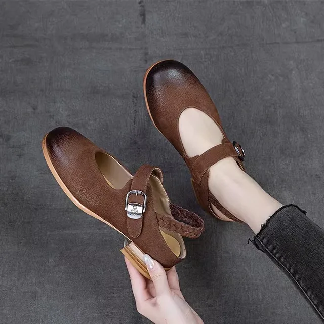 

Retro Genuine Leather Mary Jane Shoes Small Perfume Style Loafers Fashionable round Toe High Heel Rubber Outsole Summer Shoes