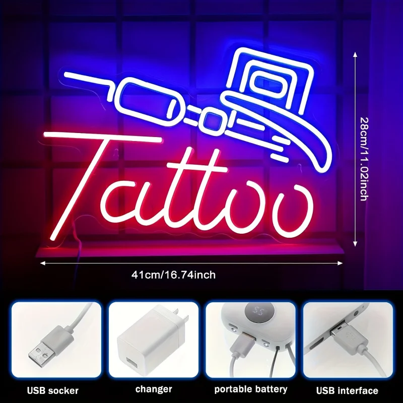 USBPower Supply Tattoo Neon Light - ColorfulLEDWall Lamp，Applicable to Salons、Cave、Garage and Bedroom Wall Decoration Neon Signs