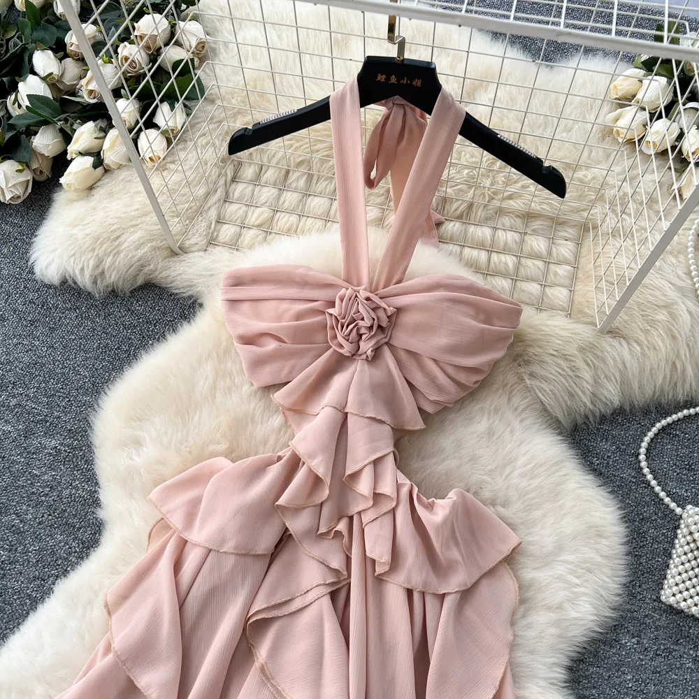 Women Ruffles Dresses A Line Solid Dress 3D Flower Strapless Ankle Lenth Waist Cutout Slim Fit Party Sexy Elegant 2025 Summer