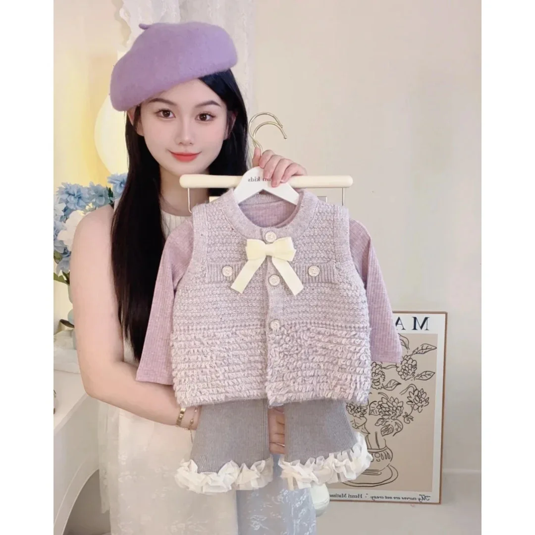 Autumn Kids Girls 3PCS Clothes Set Cotton Purple Knitwear Top Bow Sleeveless Cardigan Suits Lace Ruched Hem Baby Girl Flare Pant