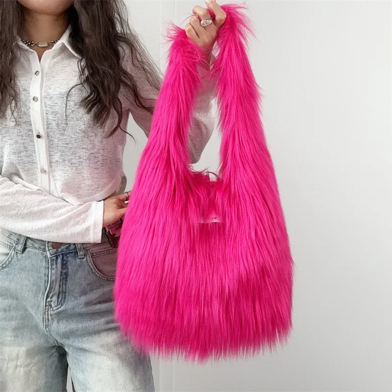 Candy Color Long Fur Bags for Women Warm Faux Fur Shoulder Bag Fluffy Soft Plush Shopper Tote Half Moon Hobos Designer Handbag