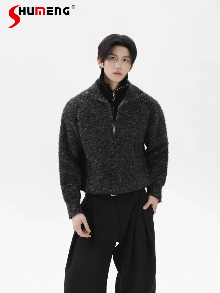 

Мужчины Женщины 2025 Зимние новые модные топы Искусственные двухслойные свитера с полумолнией на молнии Свободные удобные теплые трикотажные изделия с воротником-стойкой