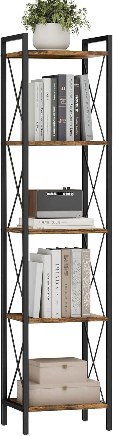 

5-ярусный высокий узкий книжный шкаф для небольших помещений, металлическая полка для хранения, в индустриальном стиле, цвет рустик-коричневый