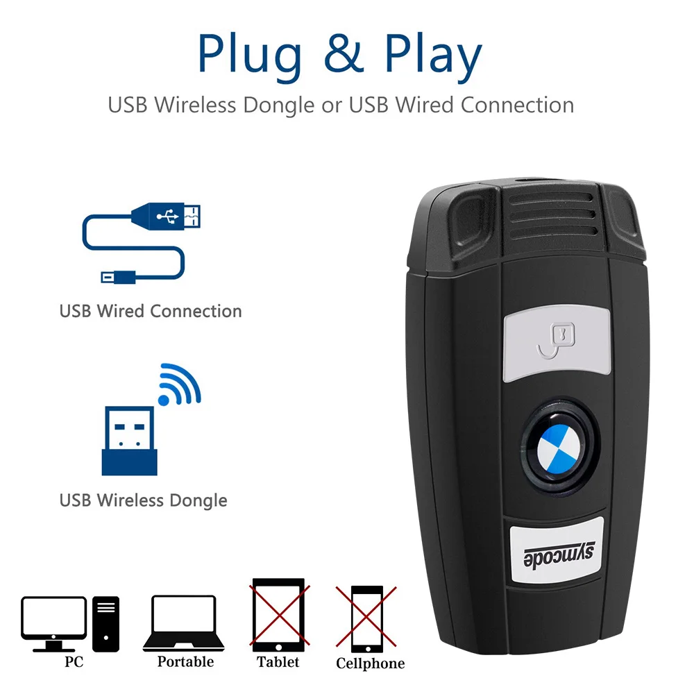 1D/2D Mini Portable Bluetooth 2.4GHz Wireless USB Wired 3-in-1 Bar Code Scanner,500mA*H Rechargeable Battery,16MB Memory Space