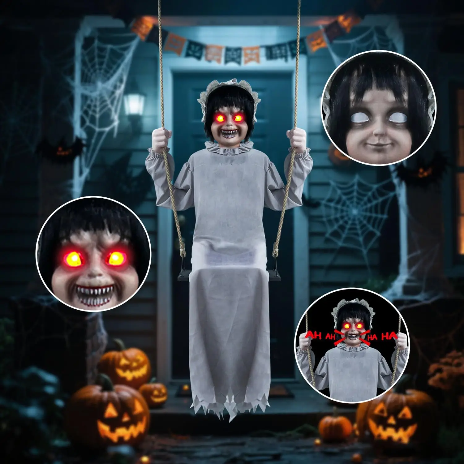Life-Size Halloween Swinging Girl Animatronic Hanging Decoration, Motion and Sound Activated Creepy Twin-Face Prop with Eerie Laugh and Red Eyes, Indoor Outdoor Scary Halloween Decor