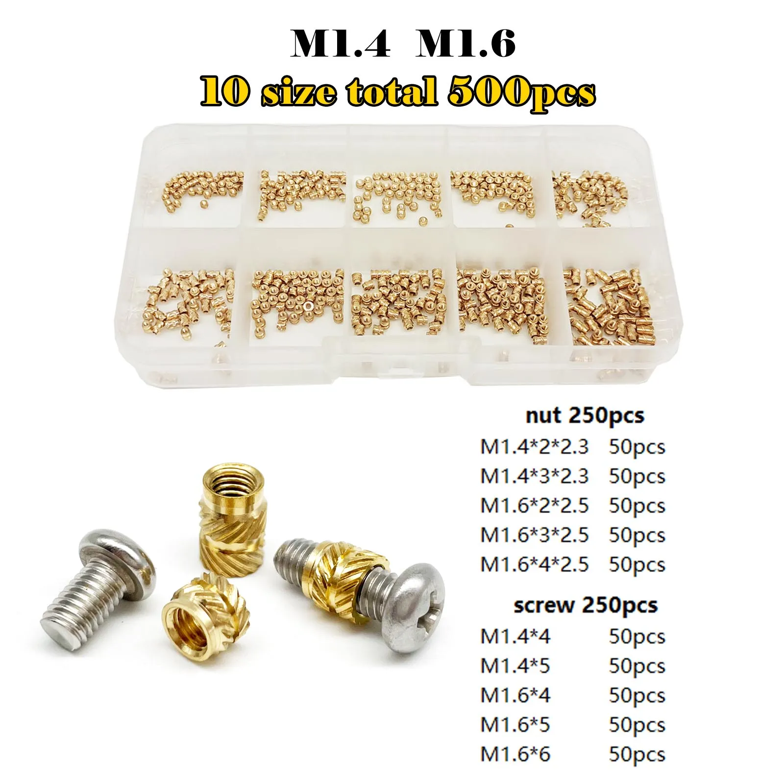 Messing Kupfer eingebettete Einsatzmutter Schraubensatz Set M1.4M1.6 M2 M2.5 M3 M4 M5 M6 für Wärmeleit-Injektion 3D-Druck-Twill-Rändelgewinde – Detail 4