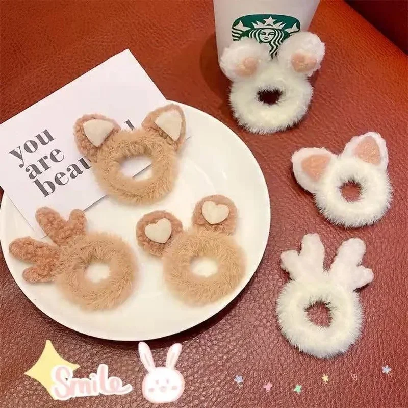 2Pcs/Set Cute Antlers Cat Ears Plush Scrunchies Bear Ears Elastic Hair Bands Ties for Women Girls Children Hair Accessoires