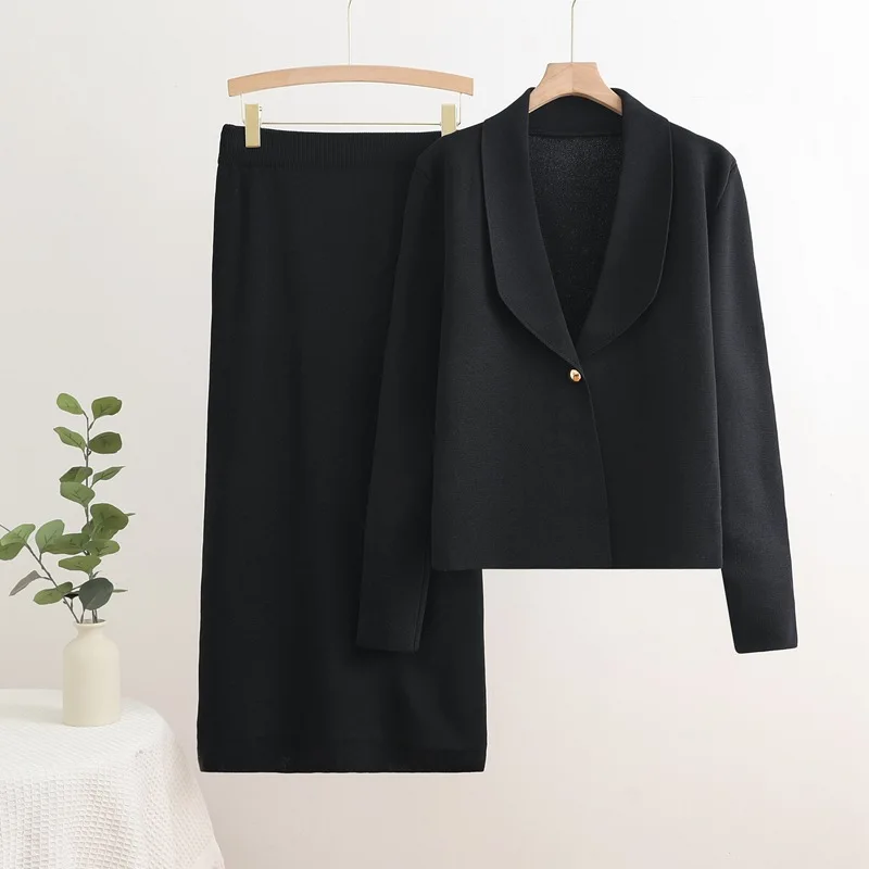 Elegant Knitted 2 Piece Sets Women Lapel Neck Long Sleeve Knitwears Suit Tops Conjuntos Casual Slim Knit Solid Skirts Outfit New