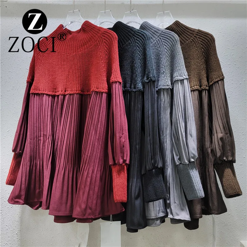 [ZOCI] Black Knitted New High Collar Splicing Folded Top Bubble Sleeve Crimson Doll Sweater