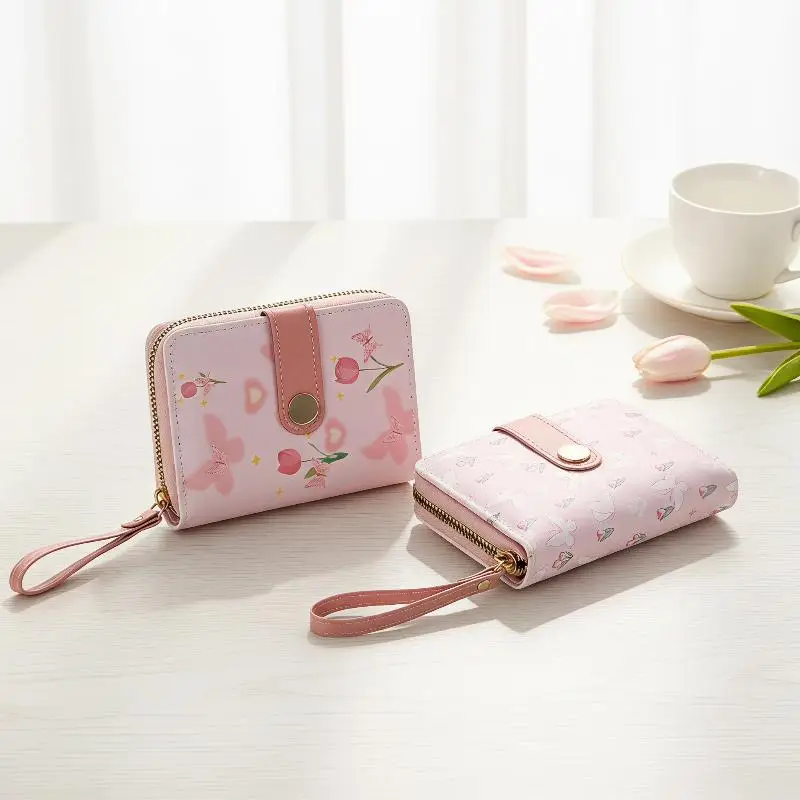 Niedliche Damen-Geldbörse mit kurzen Tulpenmuster, mehreren Kartenfächern und Handschlaufe, ideal als Accessoire für den täglichen Gebrauch, Reisen und Einkäufe. – Detail 2