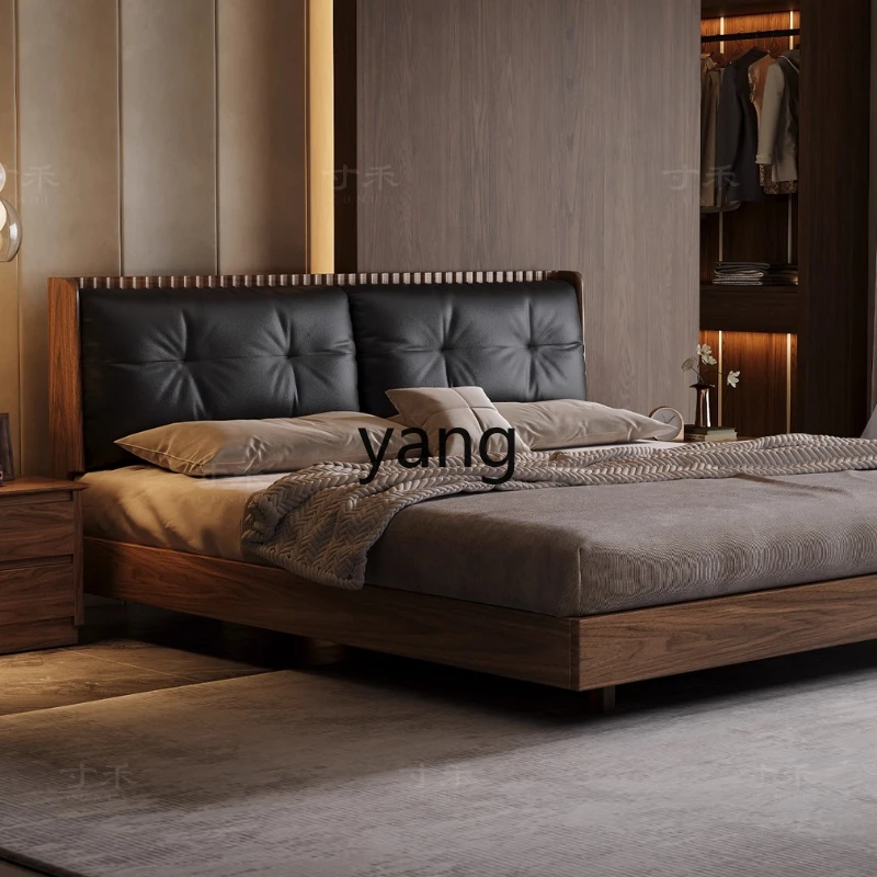 

Black walnut leather soft bag solid wood bed double modern simple 1.8 meters household queen bed suspended bed 2025 new