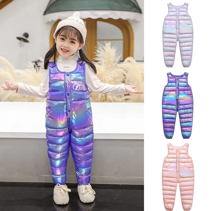 

Winter Children Down Overalls Autumn Girls Boys Thick Warm Pants Baby Girl Jumpsuit High Quality Kids Glossy Ski Overalls 1-5Y