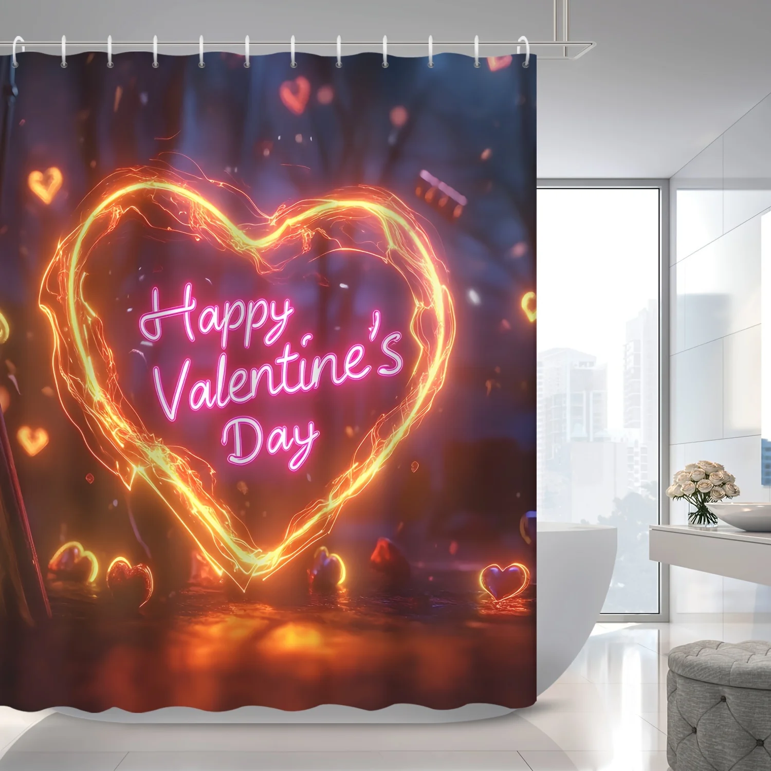 

Valentine'S Day Abstract Creative Flame Heart Print Water-Resistant Polyester Bath Drape, Machine Washable with 12 Hooks