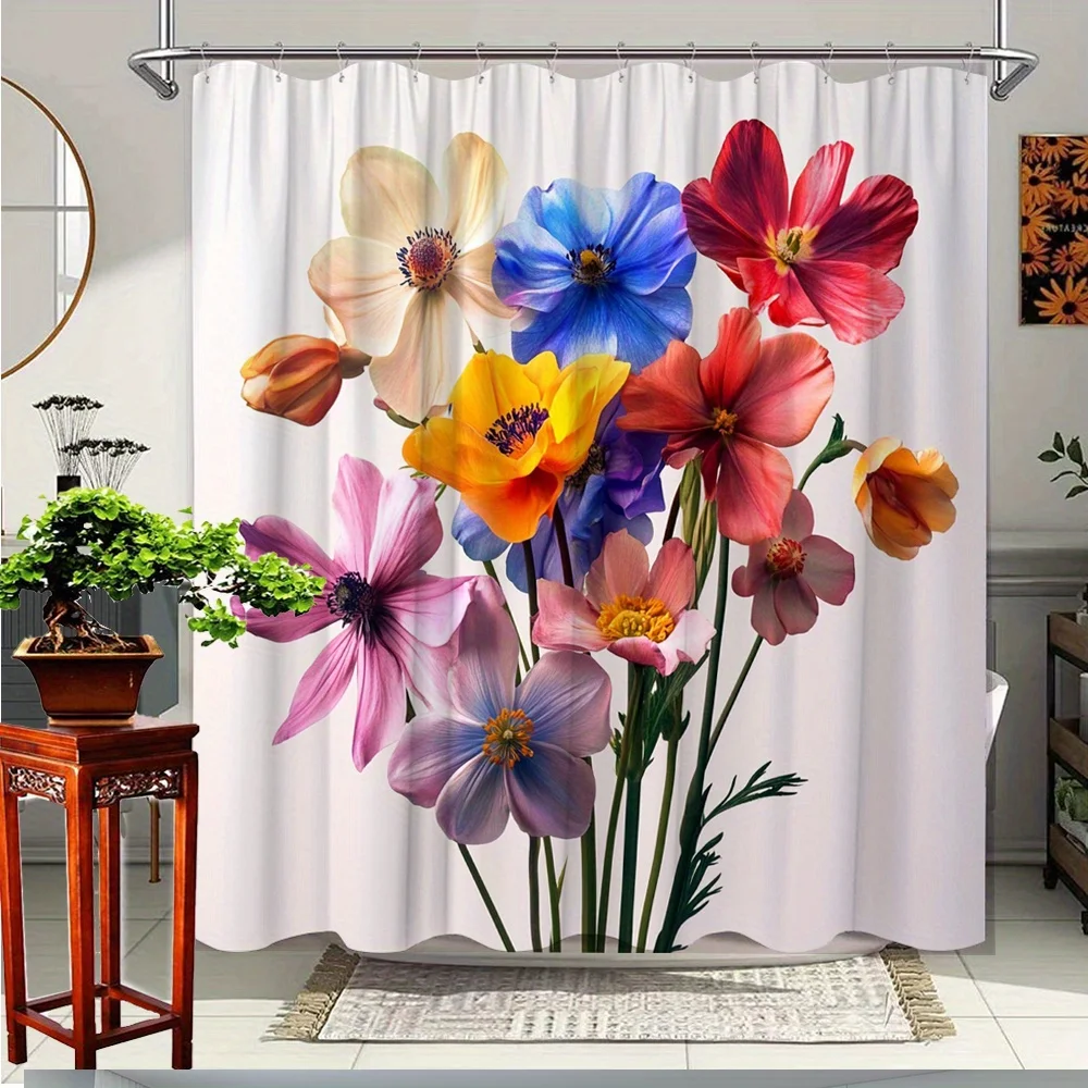 

1pc Colorful Floral Shower Curtain with Bright Spring Flower Design for Bathroom Decoration Polyester Fabric Includes 12 Hooks