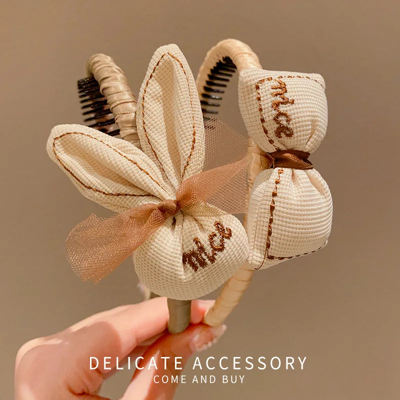 Autumn Milk Coffee Color Letter Cloth Bow Flower Headband For Girl Cute Children Girl Head Hoop With Teeth