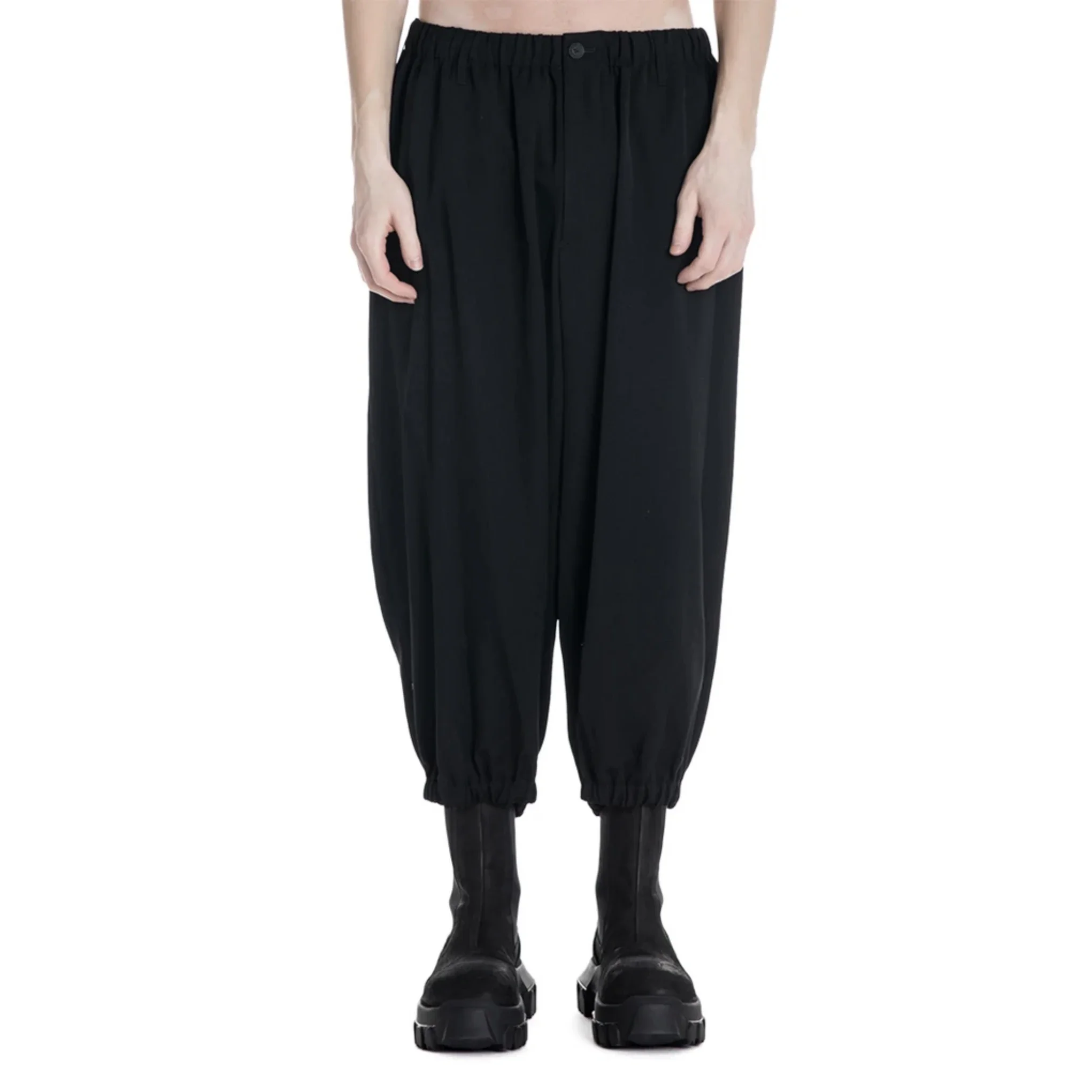 

YOJI OOAK BLACK GATHERED PANTS wool ankle buckle elastic harem pants
