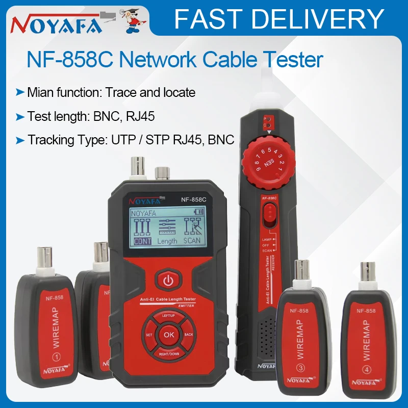 NOYAFA NF-858C 네트워크 케이블 테스터 트레이스 라인 로케이터 POE BNC 파인더 포트 깜박이는 적색등 테스트 길이 측정 케이블 트래커