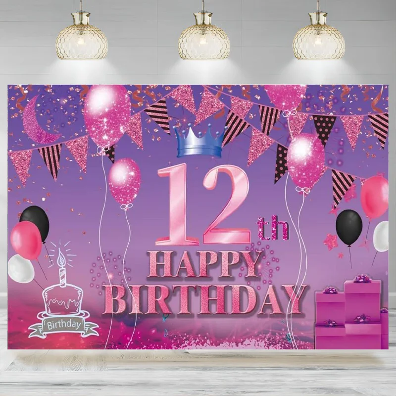 Fondo de pancarta de feliz 12 ° cumpleaños, decoración de globos, confeti de cristal, tema fotográfico, saludos a 12 años, Fondo de fiesta