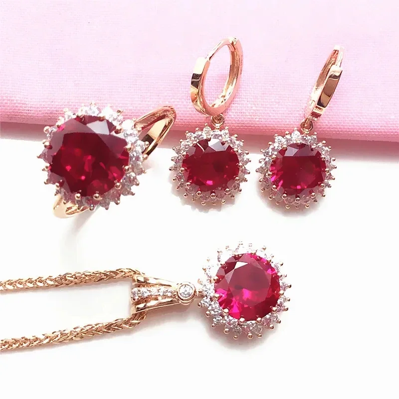 Ruby Flower Jewelry Sets Plated 14K Rose Gold Luxury Crystal Wedding Dinner Gift Ring Necklace Earrings for Women