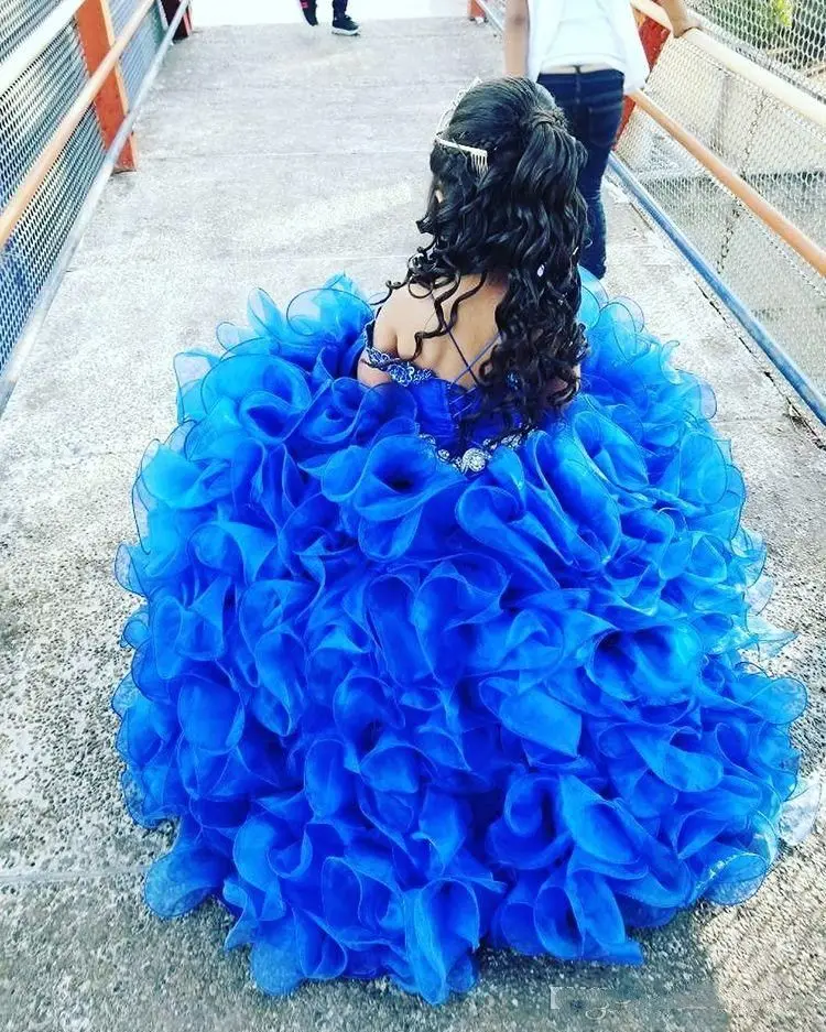 Rustic Royal Blue Flower Girls Dresses Off the Shoulder Ruffles Kids Birthday Party Gown Crystal Ball Gown Kids Pageant Dress