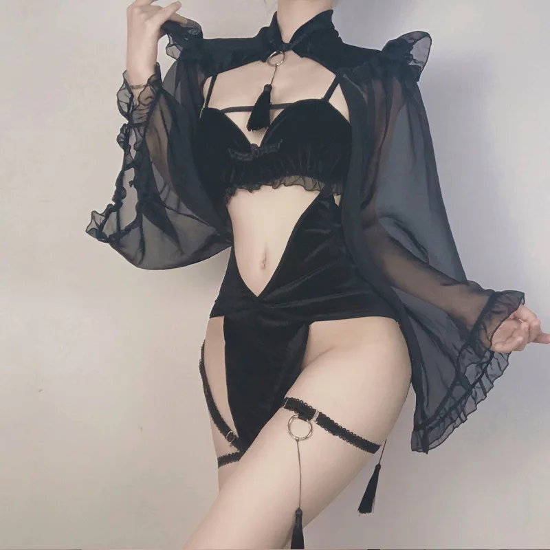 Dark Witch Halloween Anime Cosplau Costumes Women Erotic Sexy Lingerie Love Game Hollow Temptation High Split Nightgowns 2023