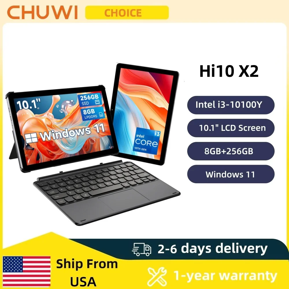 

CHUWI Hi10 X2 Tablets Dual-Core Intel 10th i3-10100Y 8GB RAM 256GB ROM Intel UHD Graphics 615 10.1" LCD Screen 2 IN 1 Tablet ﻿